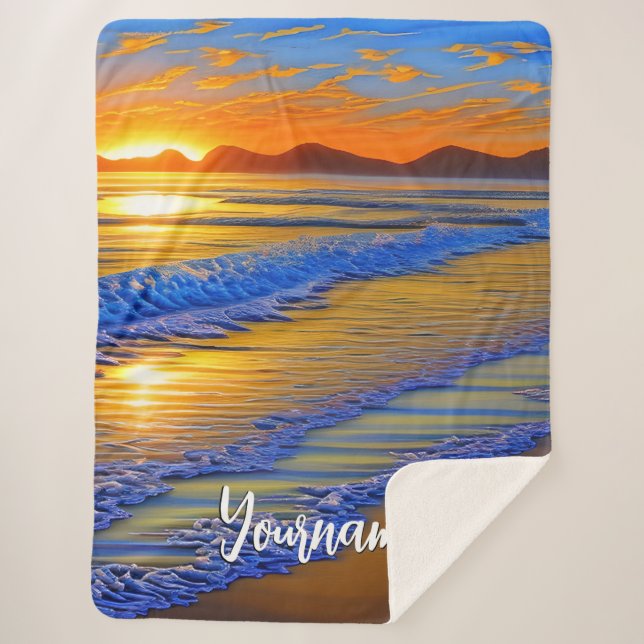 Sandy Beach Sunset Sherpa Blanket (Front)