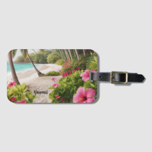 Sandy Beach Tropical Hawaii Pink Hibiscus Flowers Luggage Tag