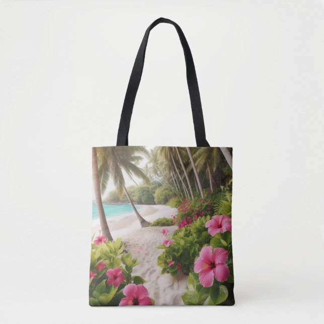 Sandy Beach Tropical Hot Pink Hibiscus Flowers Tote Bag (Front)