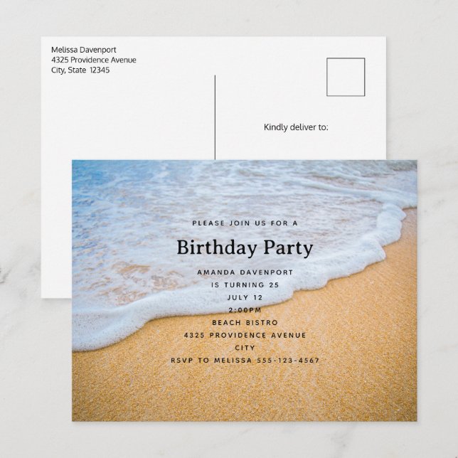 Sandy Beach with Foamy Surf Birthday Invitation Postcard (Front/Back)