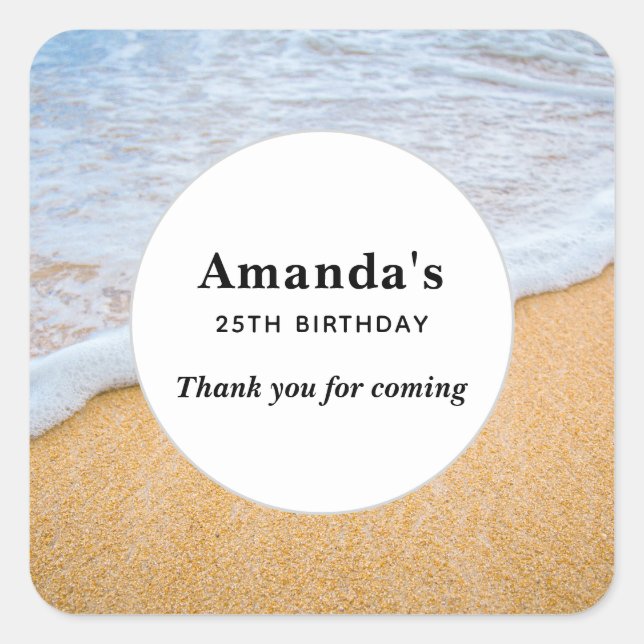 Sandy Beach with Foamy Surf Birthday Thank You Square Sticker (Front)