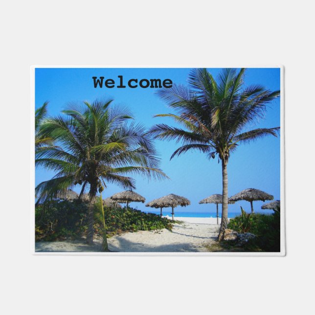 Sandy Beach With Palm Trees and An Ocean View Door Doormat (Front)