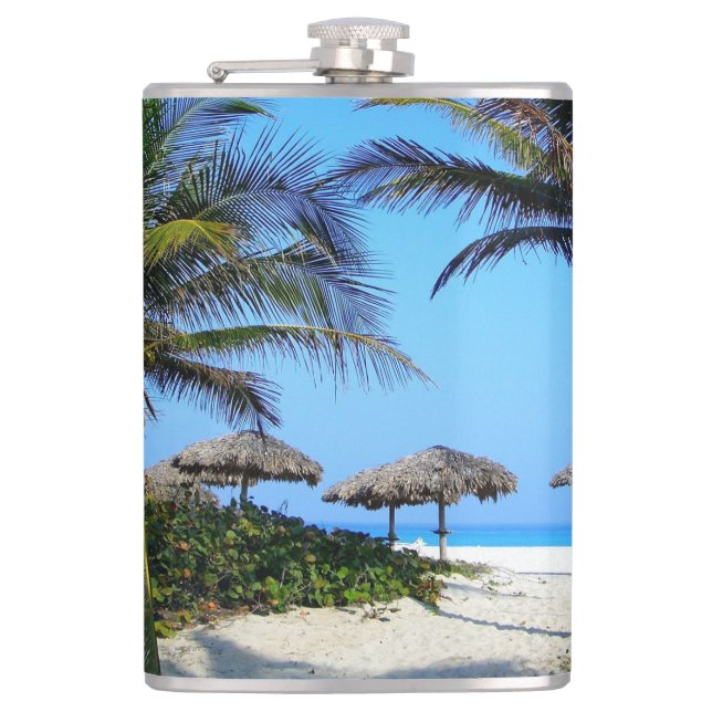 Sandy Beach With Palm Trees and An Ocean View Hip Flask (Front)