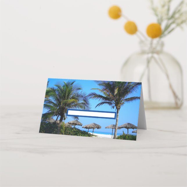 Sandy Beach With Palm Trees and An Ocean View Place Card (Front)