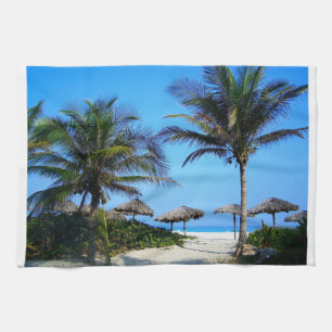 Sandy Beach With Palm Trees and An Ocean View Tea Towel
