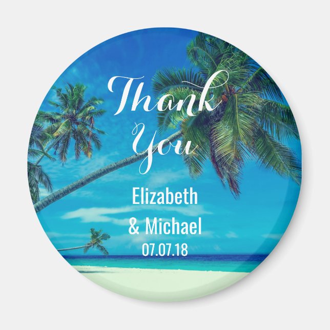 Sandy Beach with Tropical Palms Wedding Thanks Magnet (Front)