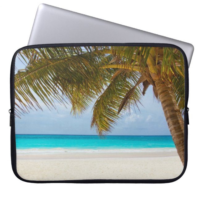 Sandy Beach with Turquoise Water and Palm Tree Laptop Sleeve (Front)