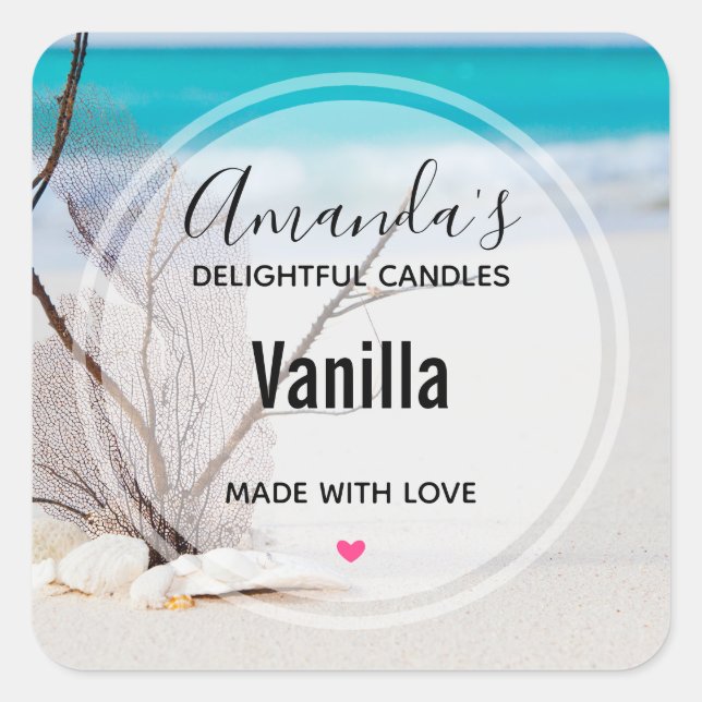 Sandy Beach with White Seashells Candle Business Square Sticker (Front)