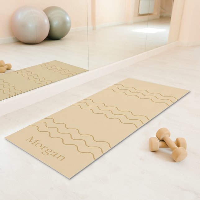 Sandy Beige Modern Wavy Lines With Custom Name Yoga Mat (Disclaimer: This image is a digital mockup.)