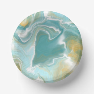 Sandy Brown Ocean Blue Marble Fluid Art Paper Plate