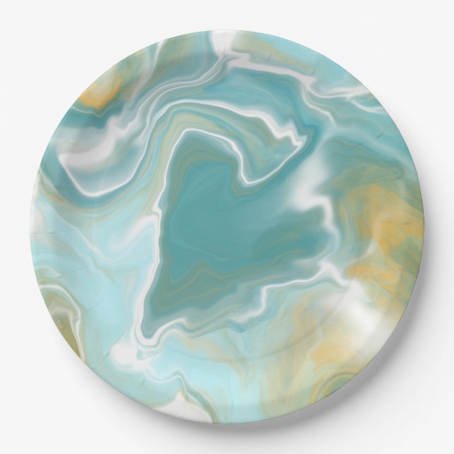 Sandy Brown Ocean Blue Marble Fluid Art Paper Plate (Front)