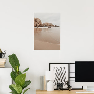 Sandy coast with rocks, beige minimalist aesthetic poster