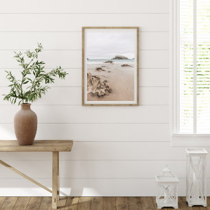 Sandy coast with rocks, moody ocean aesthetic poster