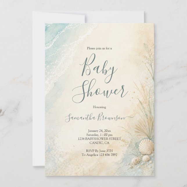 Sandy Coastal Seashell Baby Shower Invitation (Front)