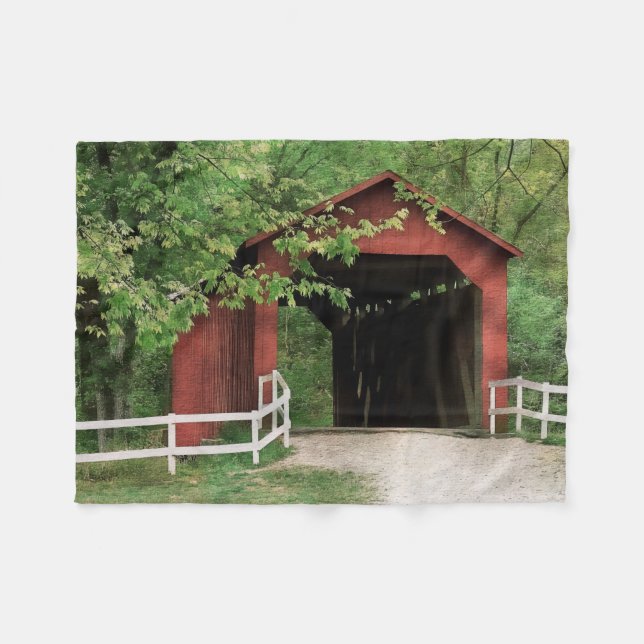 Sandy Creek Covered Bridge In Water Colour Fleece Blanket (Front (Horizontal))