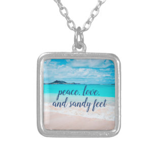 “Sandy Feet” Quote Blue Ocean & Hawaii Beach Photo Silver Plated Necklace
