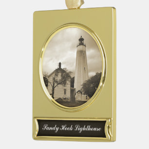 Sandy Hook Lighthouse Gold Plated Banner Ornament