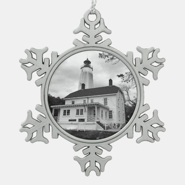 Sandy Hook Lighthouse Snowflake Pewter Christmas Ornament (Front)