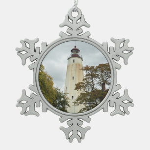 Sandy Hook Lighthouse Snowflake Pewter Christmas Ornament