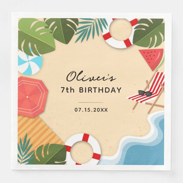 Sandy Ocean Beach Summer Fun Birthday Party Napkin (Front)