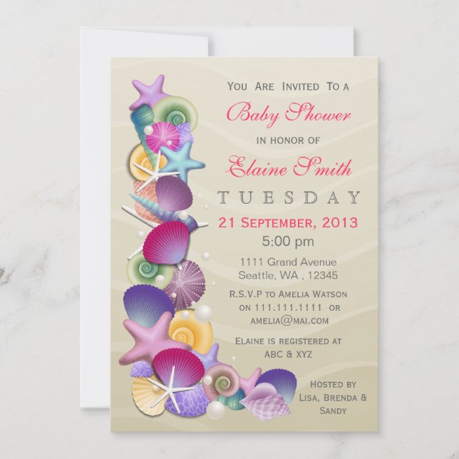 sandy ocean theme Pink Baby shower Invites (Front)