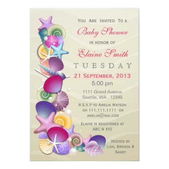 sandy ocean theme Pink Baby shower Invites