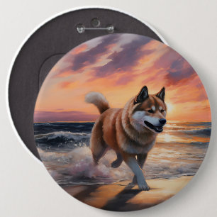 Sandy Paws Akita Dog on Beach Sunset 6 Cm Round Badge
