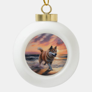 Sandy Paws Akita Dog on Beach Sunset Ceramic Ball Christmas Ornament