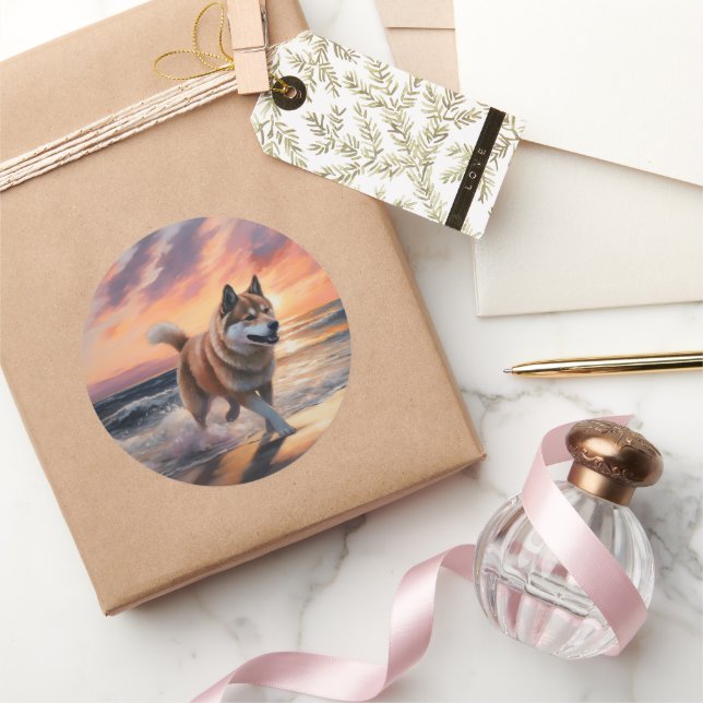 Sandy Paws Akita Dog on Beach Sunset Classic Round Sticker (Gifting)