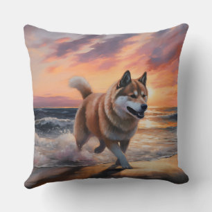 Sandy Paws Akita Dog on Beach Sunset Cushion