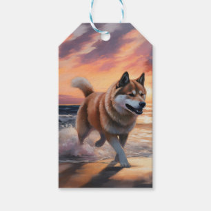 Sandy Paws Akita Dog on Beach Sunset Gift Tags