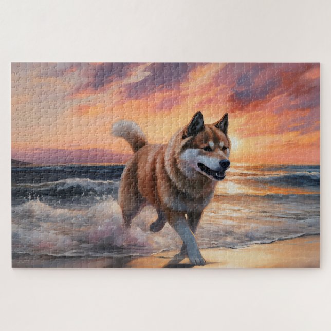 Sandy Paws Akita Dog on Beach Sunset Jigsaw Puzzle (Horizontal)