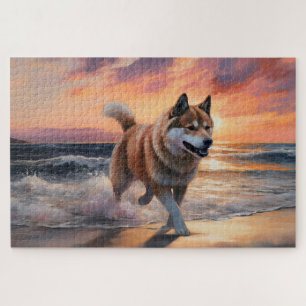Sandy Paws Akita Dog on Beach Sunset Jigsaw Puzzle
