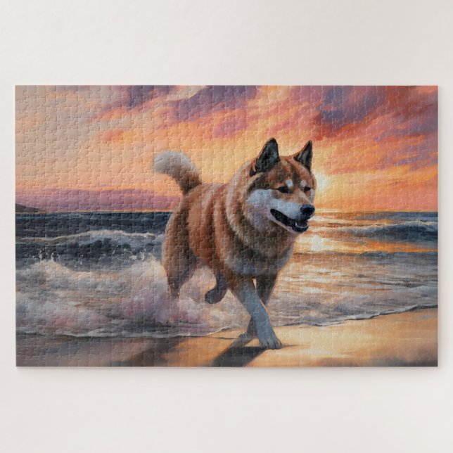 Sandy Paws Akita Dog on Beach Sunset Jigsaw Puzzle (Horizontal)