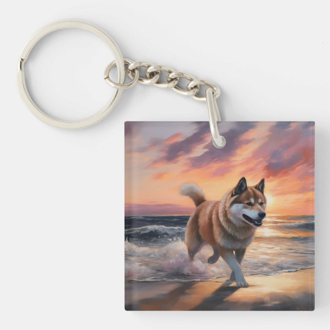 Sandy Paws Akita Dog on Beach Sunset Key Ring (Front)