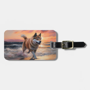 Sandy Paws Akita Dog on Beach Sunset Luggage Tag