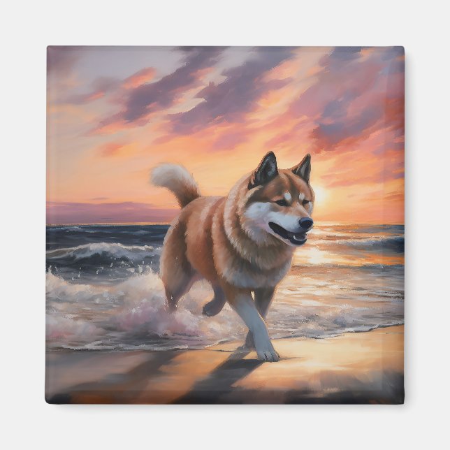 Sandy Paws Akita Dog on Beach Sunset Magnet (Front)