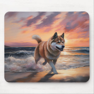 Sandy Paws Akita Dog on Beach Sunset Mouse Mat