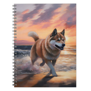 Sandy Paws Akita Dog on Beach Sunset Notebook