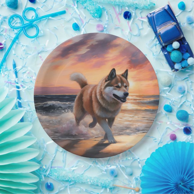 Sandy Paws Akita Dog on Beach Sunset Paper Plate (Party)