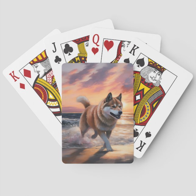 Sandy Paws Akita Dog on Beach Sunset Playing Cards (Back)