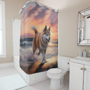Sandy Paws Akita Dog on Beach Sunset Shower Curtain