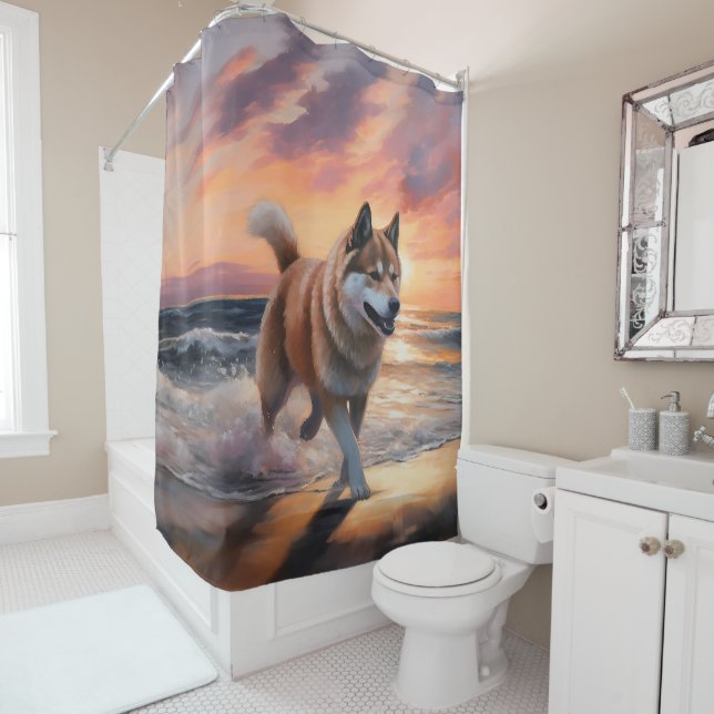 Sandy Paws Akita Dog on Beach Sunset Shower Curtain (In Situ)