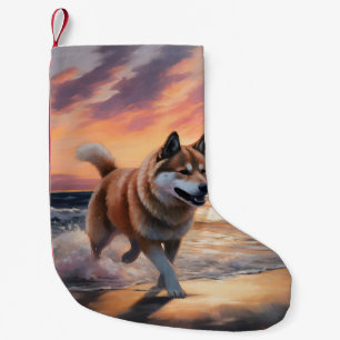 Sandy Paws Akita Dog on Beach Sunset Small Christmas Stocking