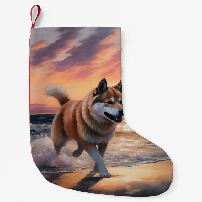 Sandy Paws Akita Dog on Beach Sunset Small Christmas Stocking (Front)