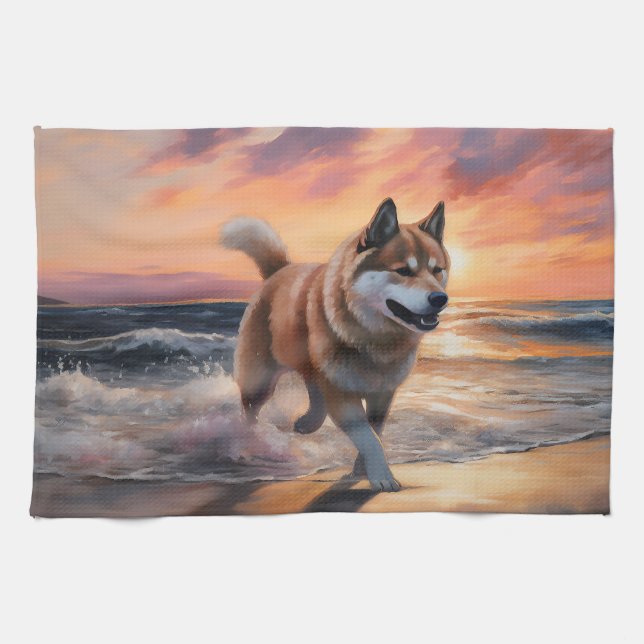 Sandy Paws Akita Dog on Beach Sunset Tea Towel (Horizontal)