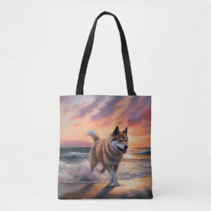 Sandy Paws Akita Dog on Beach Sunset Tote Bag