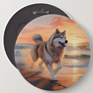 Sandy Paws Alaskan Malamute Dog on Beach Sunset 6 Cm Round Badge