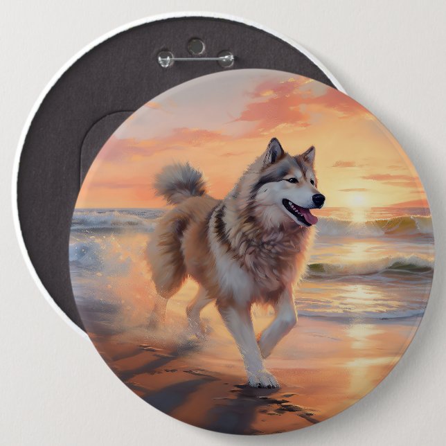 Sandy Paws Alaskan Malamute Dog on Beach Sunset 6 Cm Round Badge (Front & Back)
