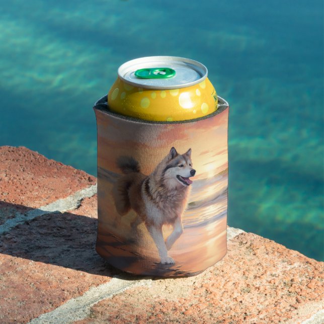 Sandy Paws Alaskan Malamute Dog on Beach Sunset Can Cooler (In Situ Pool)
